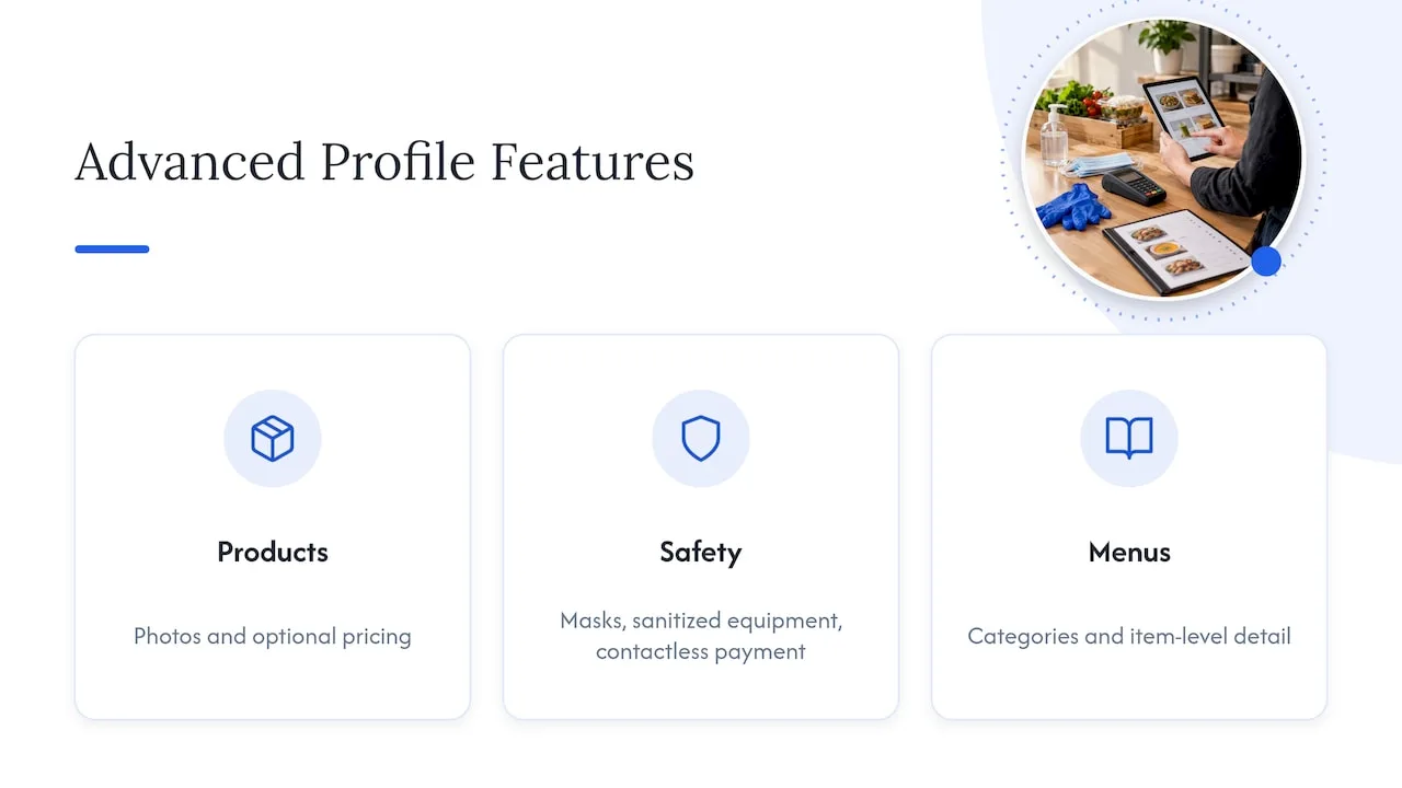 Using advanced features like products, menus, and health and safety attributes — overview diagram
