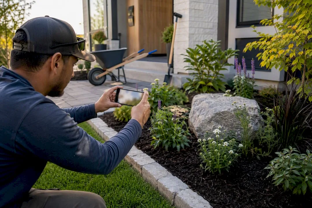 Landscaper photographing completed garden work