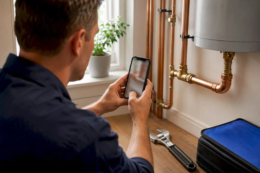 Plumber photographing a completed pipe repair