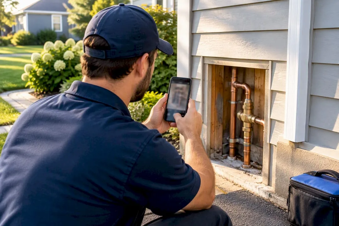 Plumber documenting completed local repair work