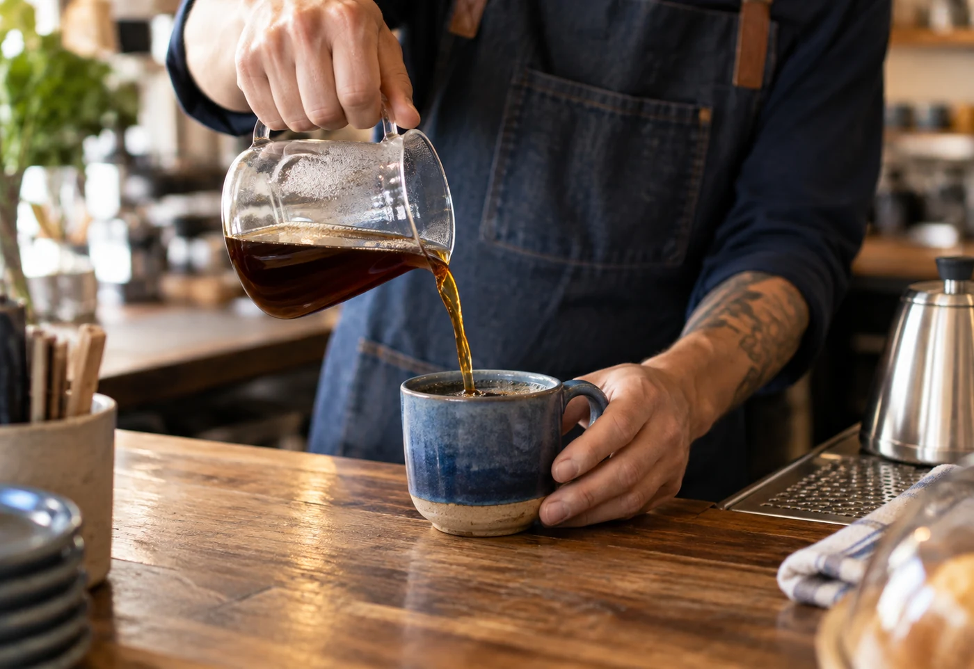 A small business owner pouring coffee for a customer